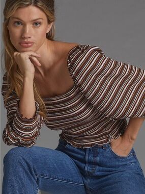 Anthropologie Smocked Puff-Sleeved Striped Top